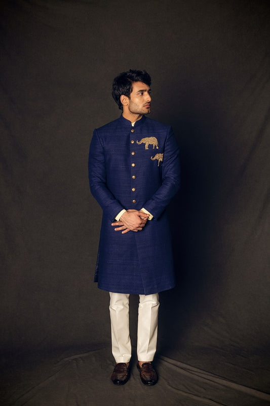 Navy blue matka silk indo western with dabka motif