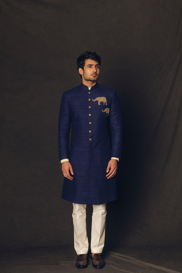 Navy blue matka silk indo western with dabka motif