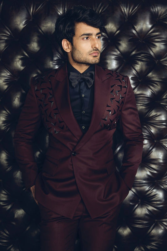 Wine hand embellished double breasted suit