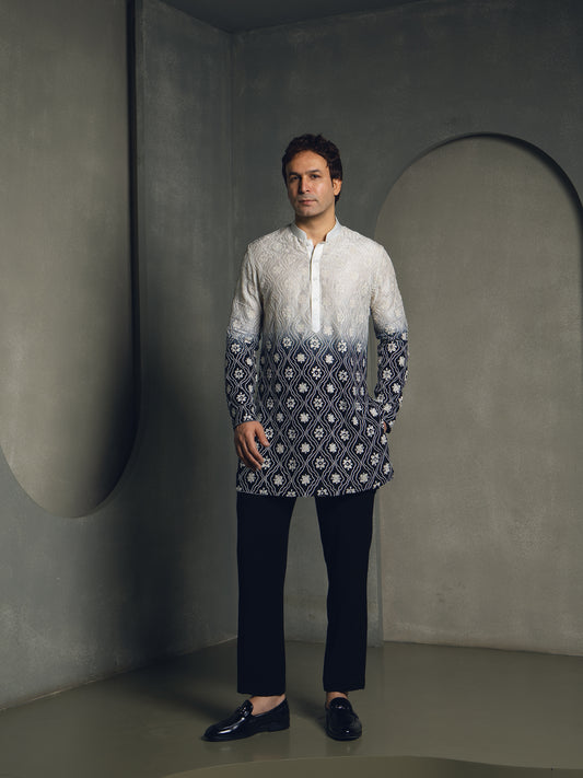 BLACK OMBRE SILK THREAD EMBROIDERY KURTA PANT SET