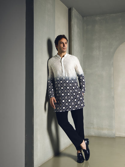 BLACK OMBRE SILK THREAD EMBROIDERY KURTA PANT SET