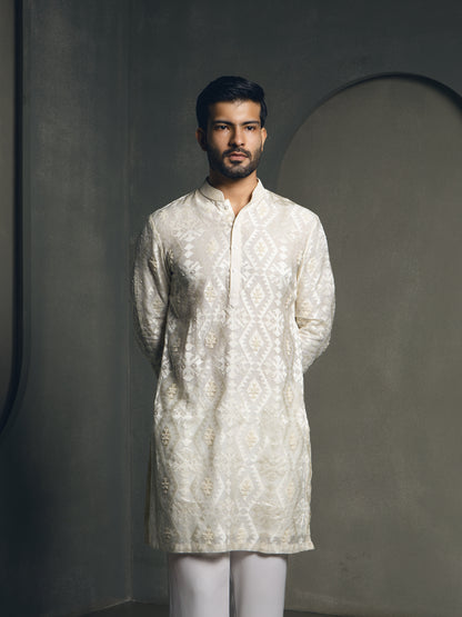 IVORY JACQUARD BEADED EMBROIDERY KURTA PANT SET