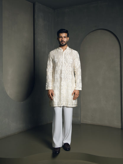 IVORY JACQUARD BEADED EMBROIDERY KURTA PANT SET