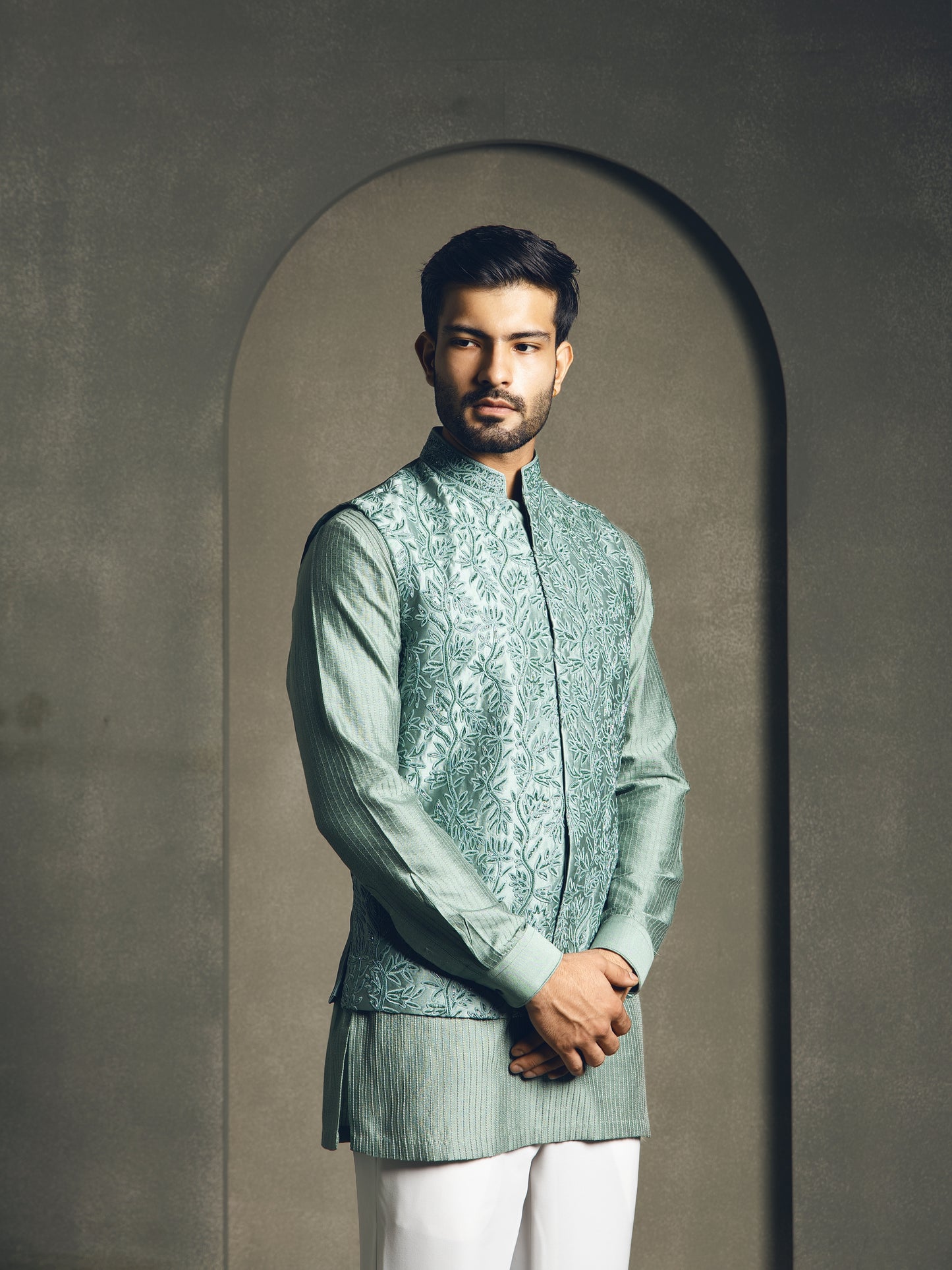 MINT GREEN HAND EMBROIDERY NEHRU JACKET SET
