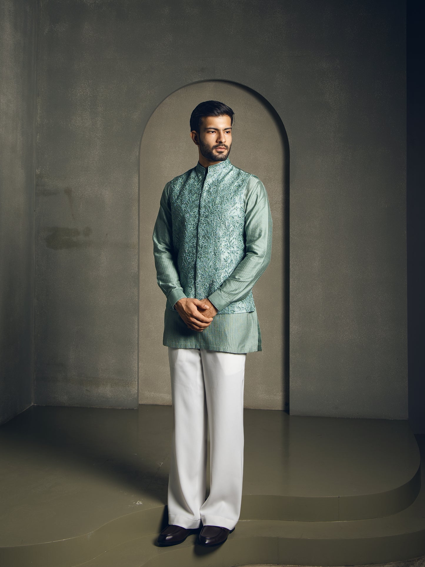 MINT GREEN HAND EMBROIDERY NEHRU JACKET SET