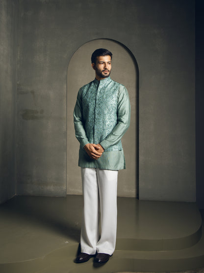 MINT GREEN HAND EMBROIDERY NEHRU JACKET SET