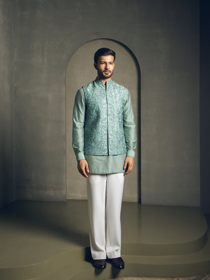 MINT GREEN HAND EMBROIDERY NEHRU JACKET SET