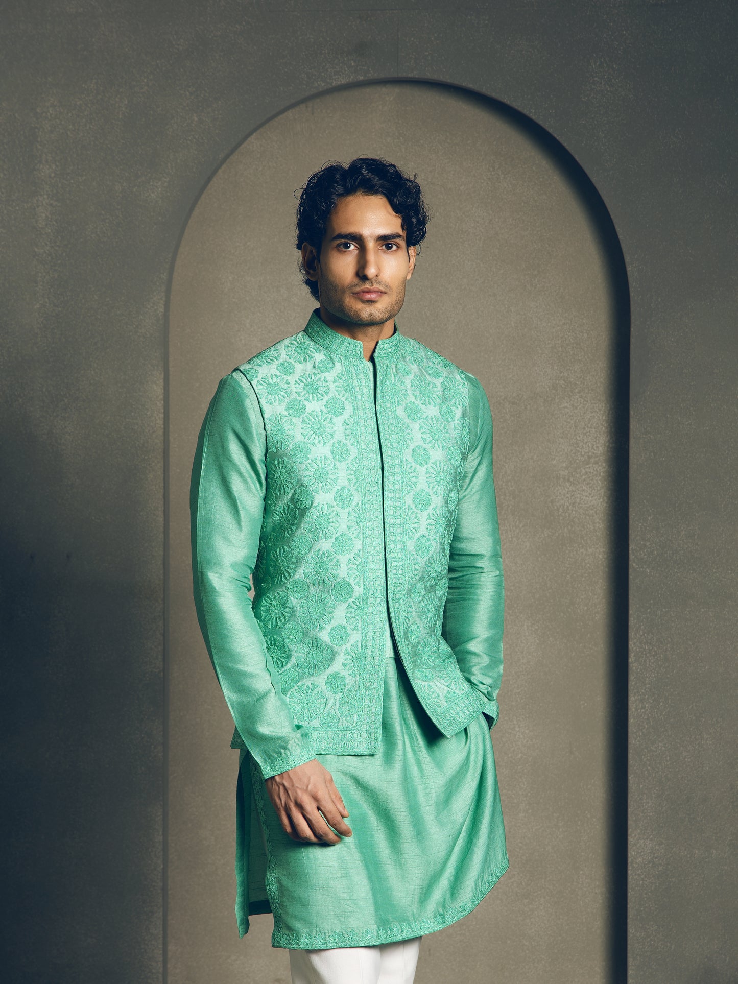 SEA GREEN FULLY EMBROIDERY NEHRU JACKET SET