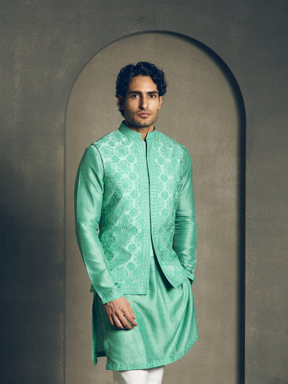 SEA GREEN FULLY EMBROIDERY NEHRU JACKET SET