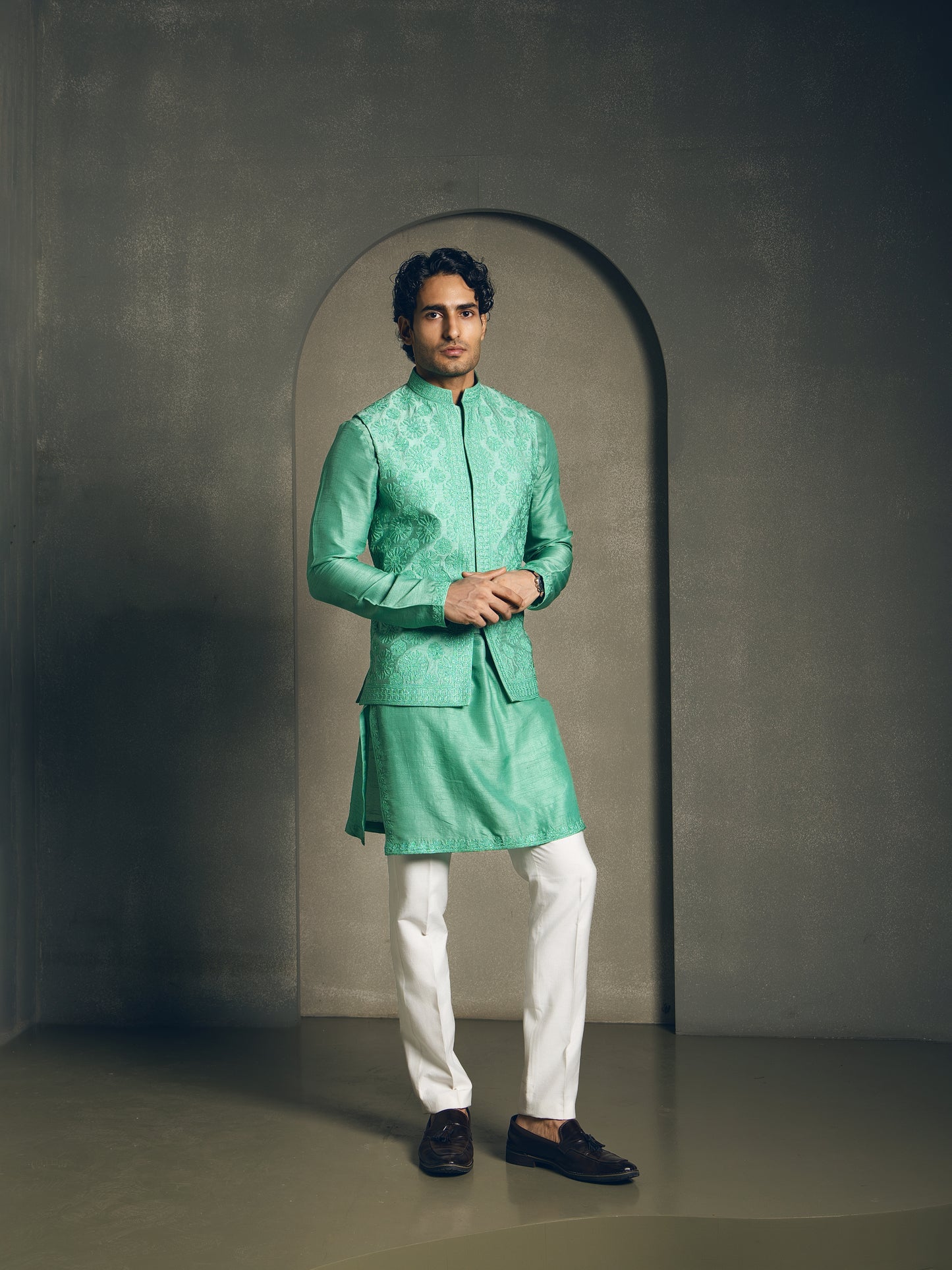 SEA GREEN FULLY EMBROIDERY NEHRU JACKET SET