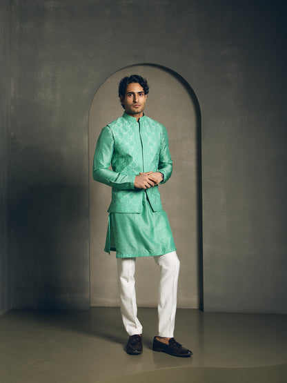 SEA GREEN FULLY EMBROIDERY NEHRU JACKET SET