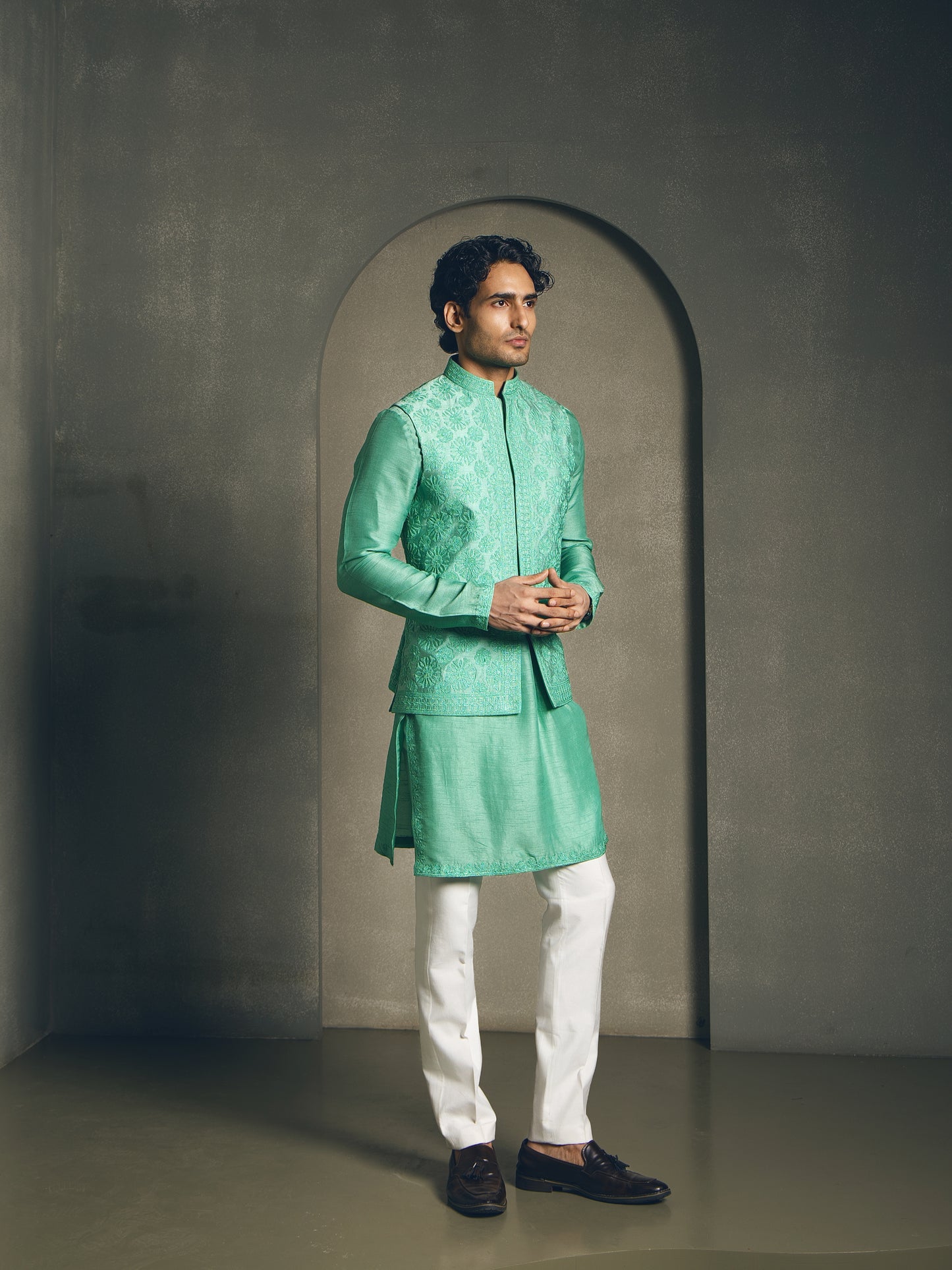 SEA GREEN FULLY EMBROIDERY NEHRU JACKET SET