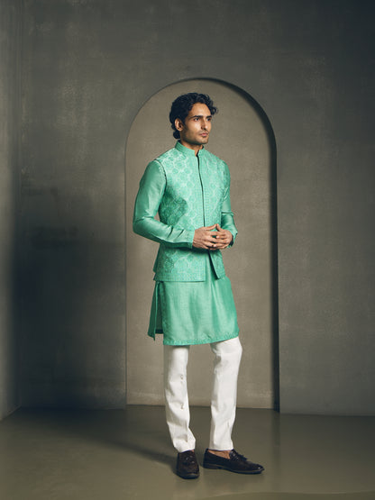 SEA GREEN FULLY EMBROIDERY NEHRU JACKET SET