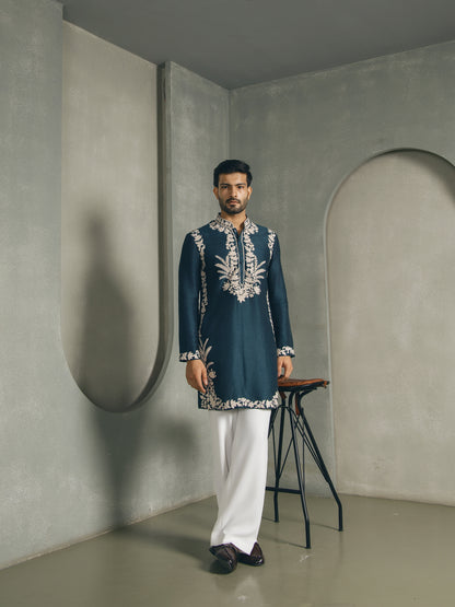 TEAL FLORAL SILK THREAD EMBROIDERY  KURTA PANT SET