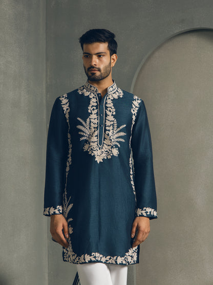 TEAL FLORAL SILK THREAD EMBROIDERY  KURTA PANT SET