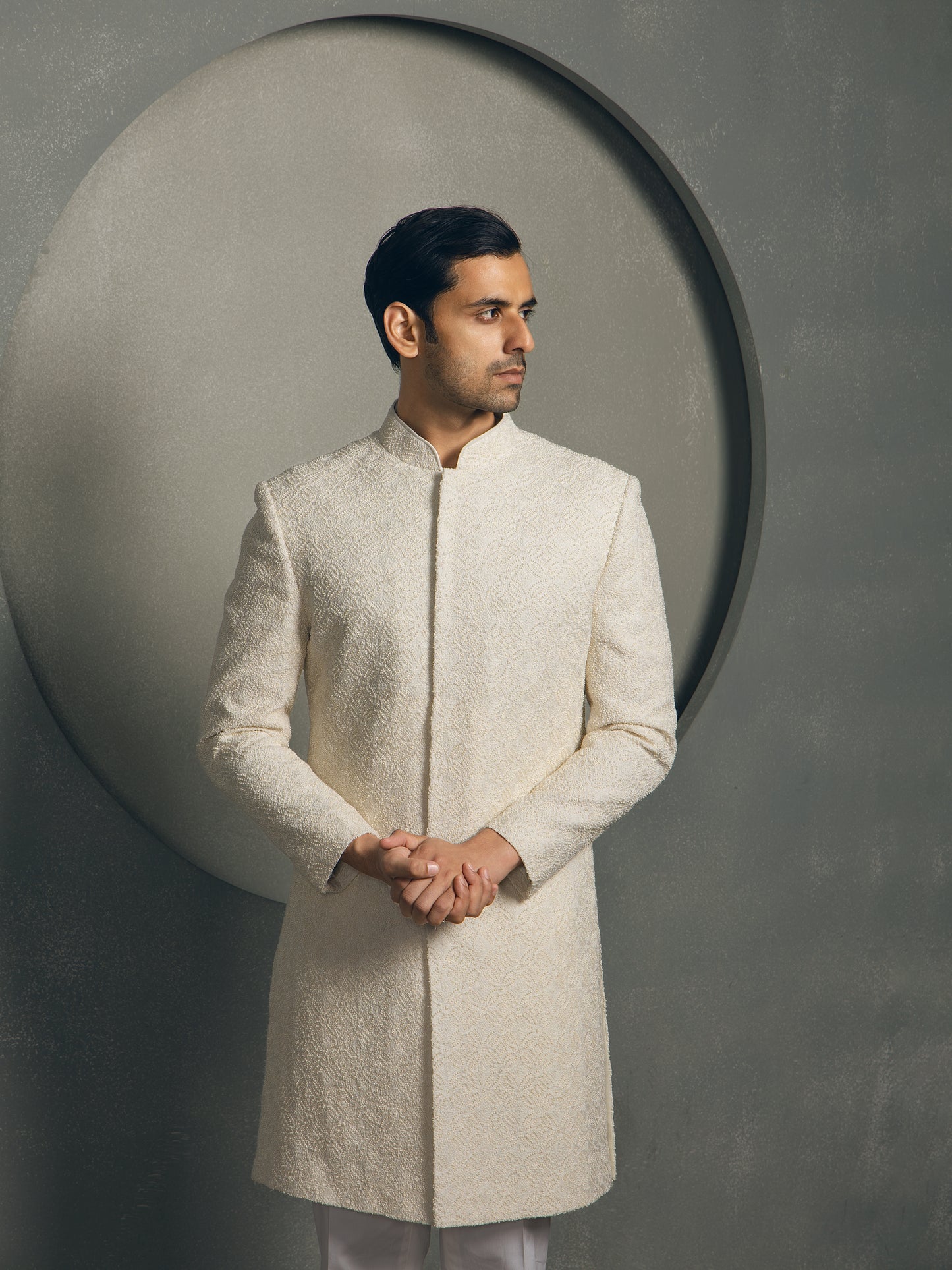 IVORY CHIKAN HAND EMBROIDERY SHERWANI SET