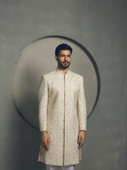 IVORY BEADS HAND EMBROIDERY SHERWANI SET