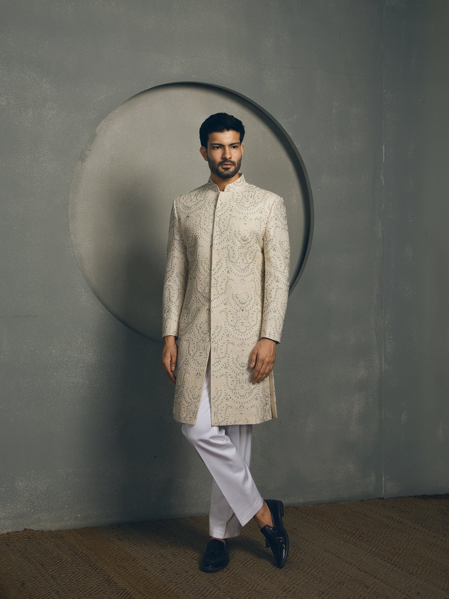 IVORY BEADS HAND EMBROIDERY SHERWANI SET