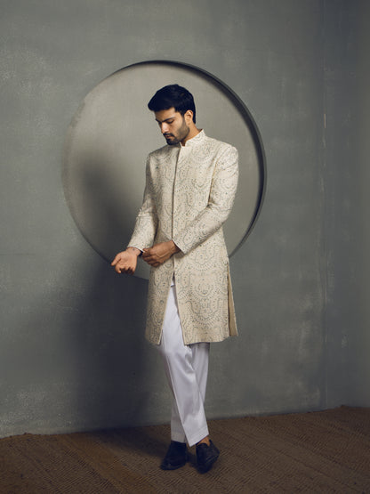 IVORY BEADS HAND EMBROIDERY SHERWANI SET