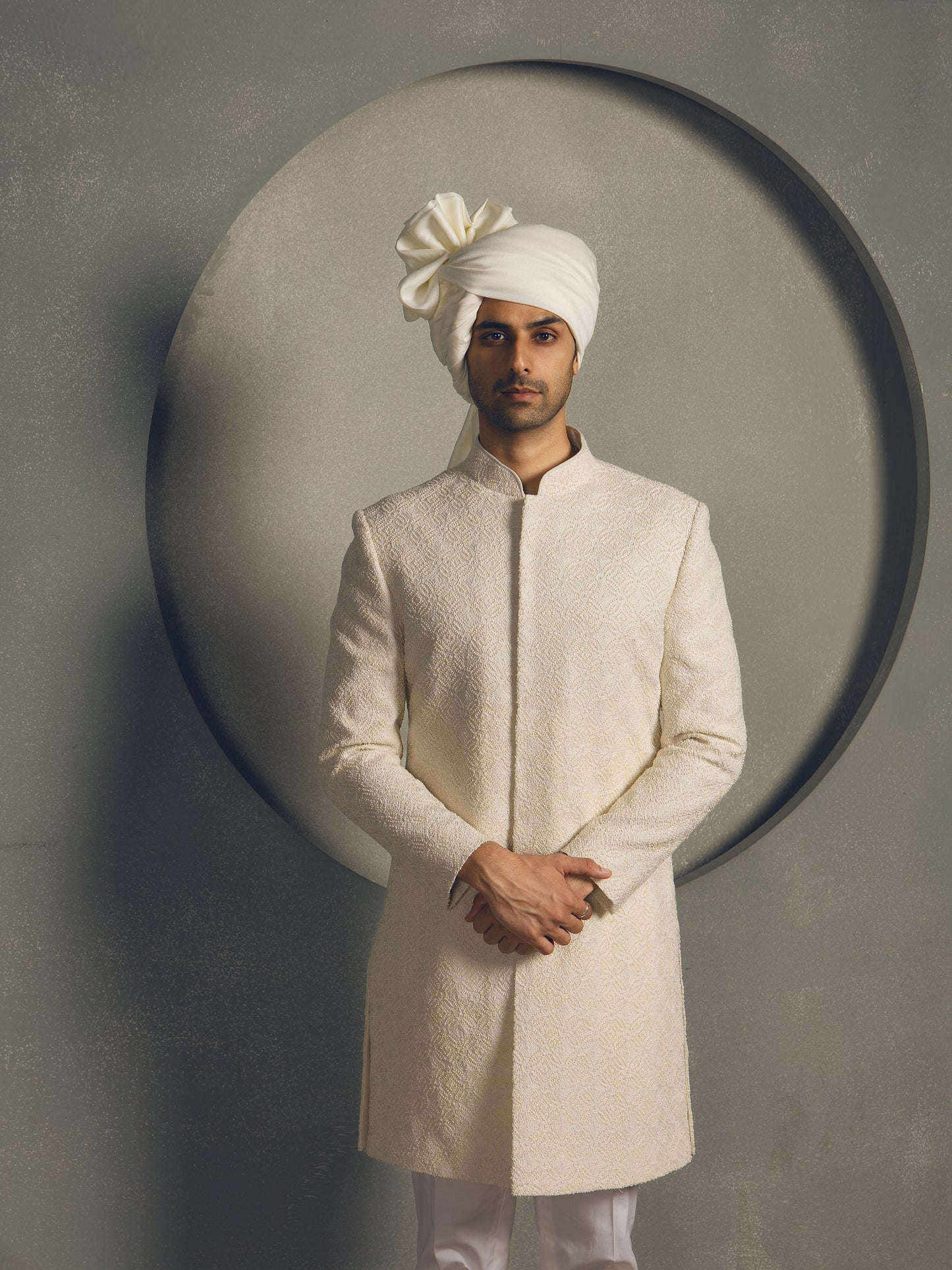 IVORY CHIKAN HAND EMBROIDERY SHERWANI SET