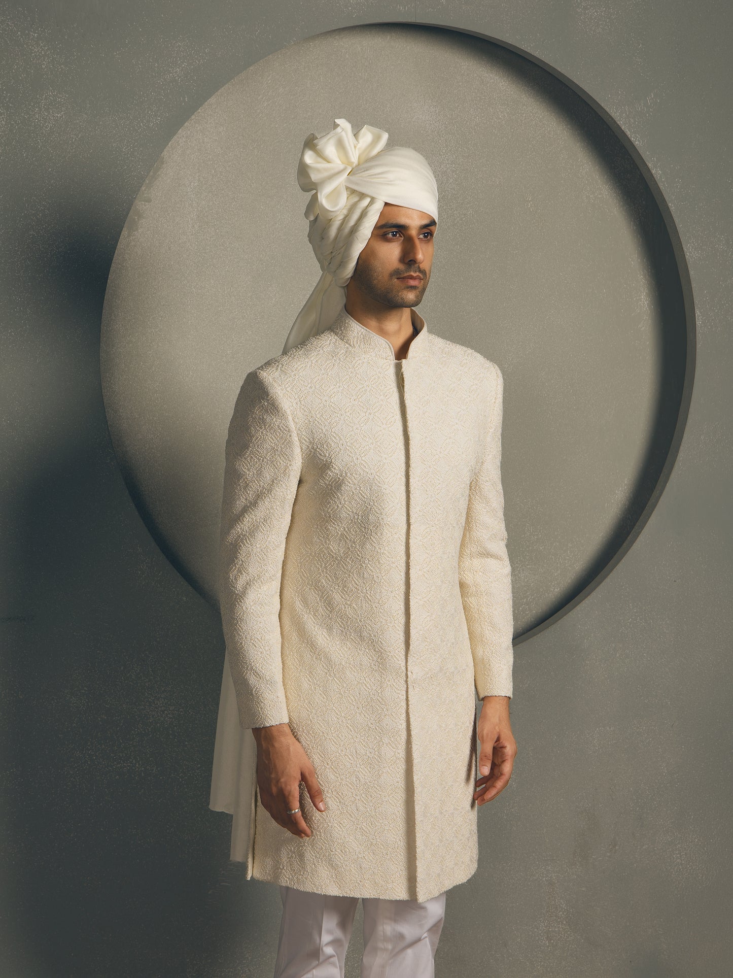 IVORY CHIKAN HAND EMBROIDERY SHERWANI SET