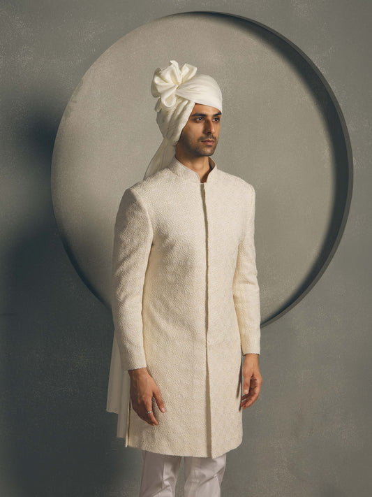 IVORY CHIKAN HAND EMBROIDERY SHERWANI SET