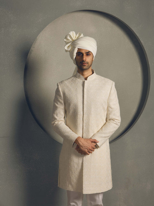 IVORY CHIKAN HAND EMBROIDERY SHERWANI SET