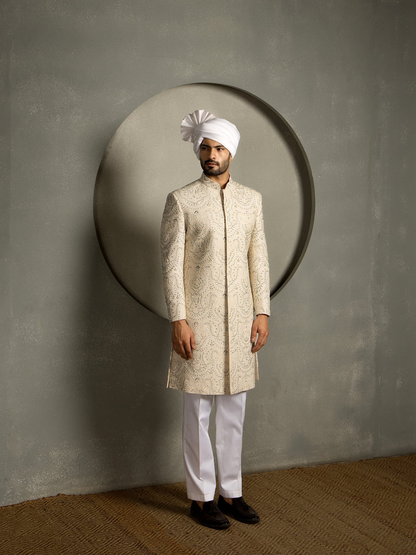 IVORY BEADS HAND EMBROIDERY SHERWANI SET