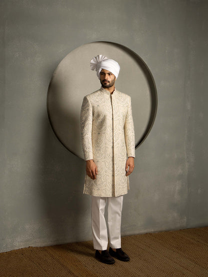 IVORY BEADS HAND EMBROIDERY SHERWANI SET