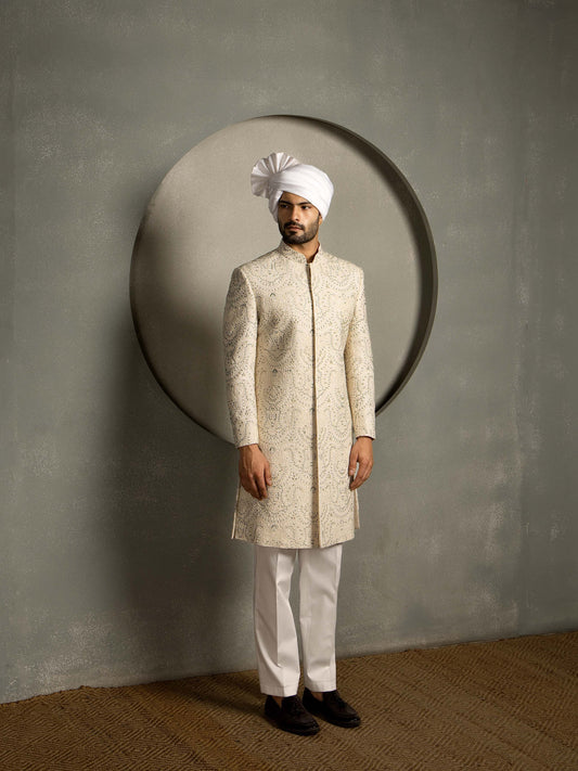 IVORY BEADS HAND EMBROIDERY SHERWANI SET