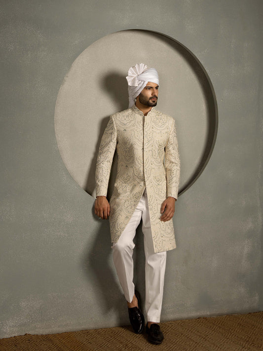 IVORY BEADS HAND EMBROIDERY SHERWANI SET
