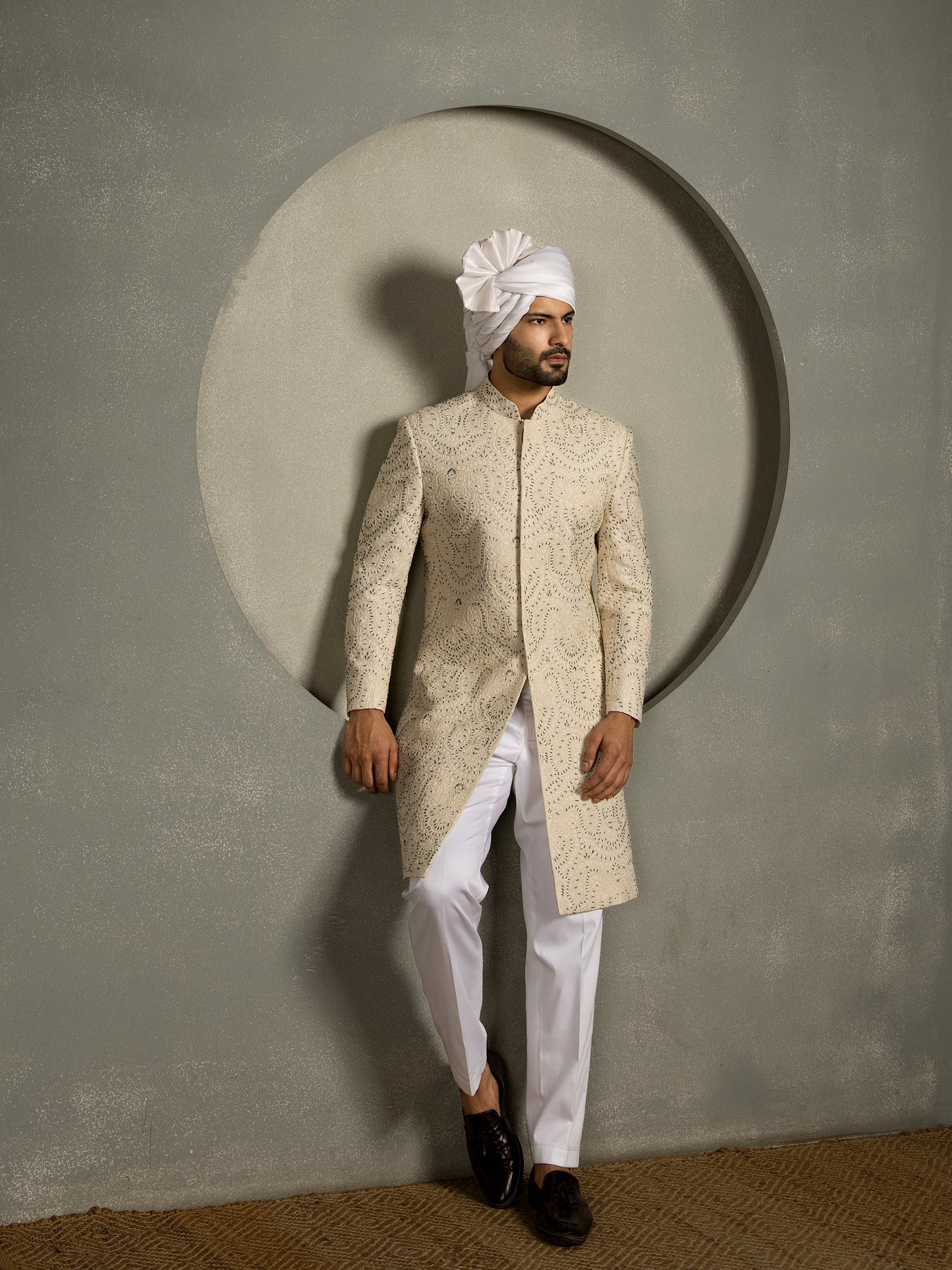IVORY BEADS HAND EMBROIDERY SHERWANI SET