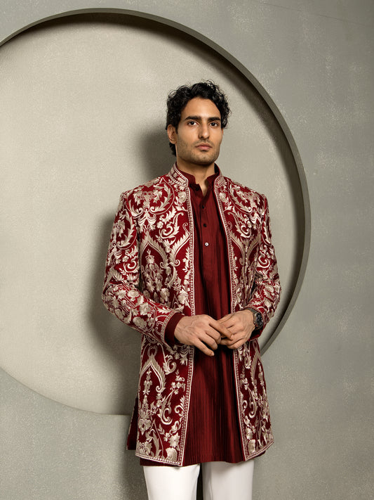 SILK THREAD EMBROIDERED OPEN INDO WESTERN SET