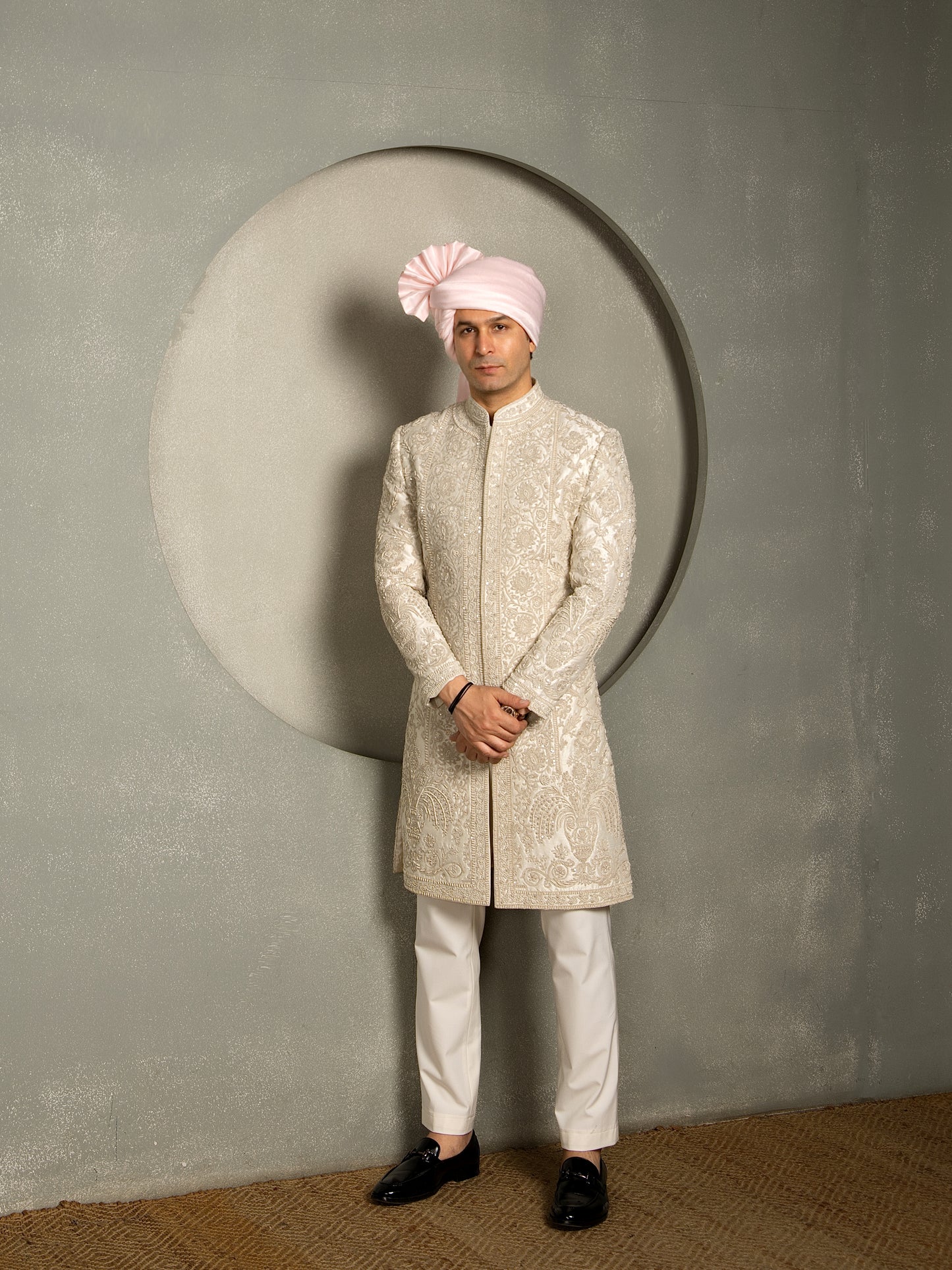 IVORY BEADS HAND EMBROIDERY SHERWANI SET