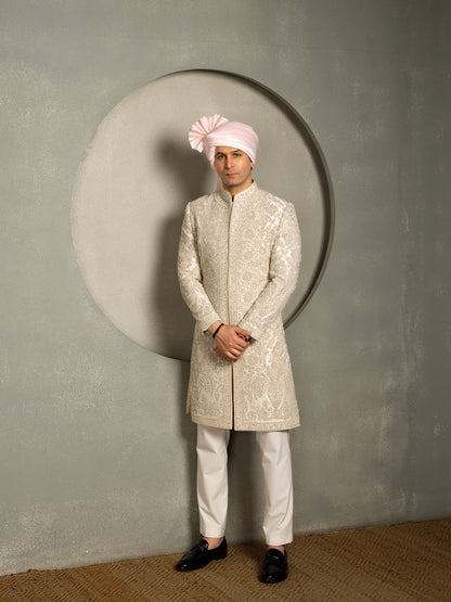 IVORY BEADS HAND EMBROIDERY SHERWANI SET