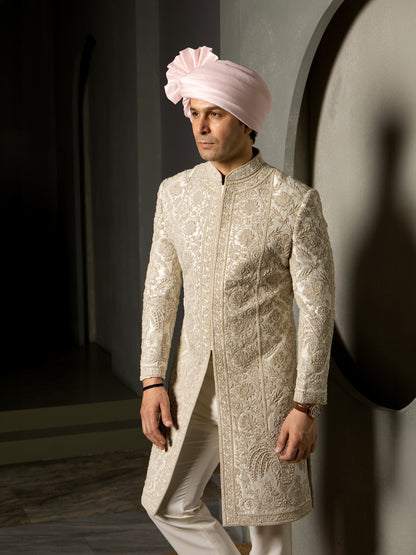 IVORY BEADS HAND EMBROIDERY SHERWANI SET