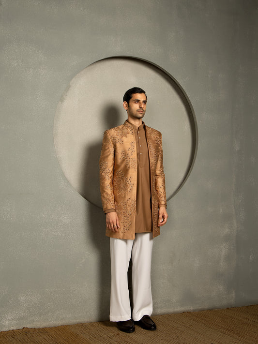 GOLDEN GLASS CUT WITH EMBROIDERY INDO WESTERN SET