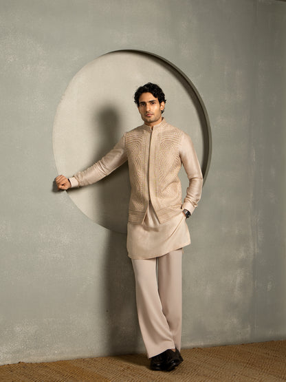 BEIGE SILK EMBROIDERY NEHRU JACKET SET