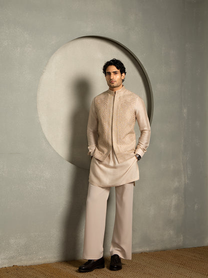 BEIGE SILK EMBROIDERY NEHRU JACKET SET