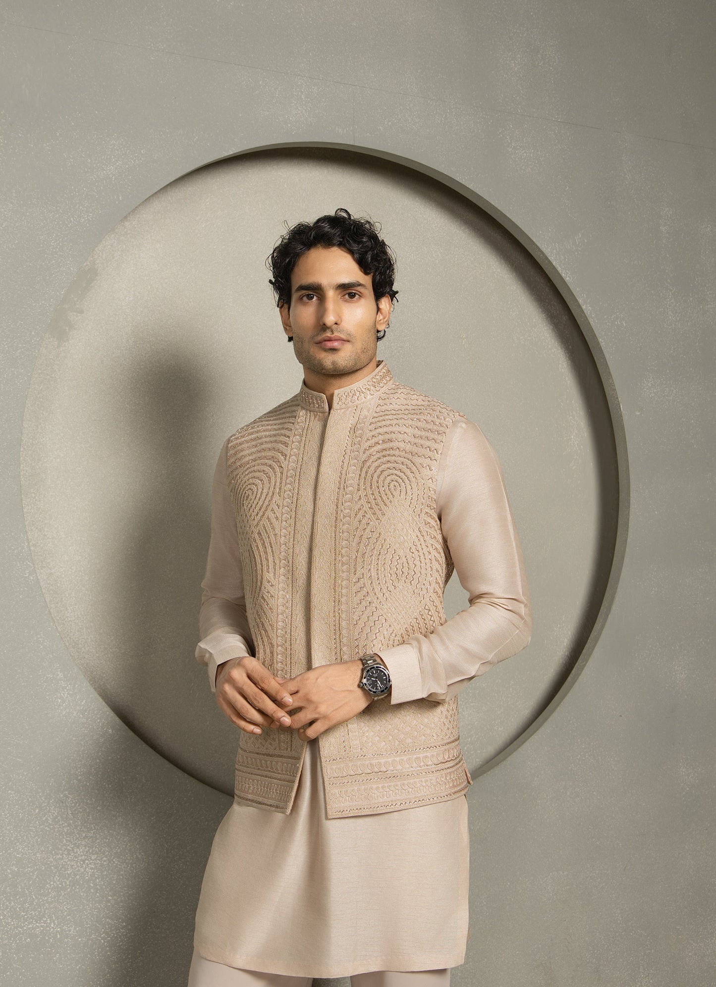 BEIGE SILK EMBROIDERY NEHRU JACKET SET