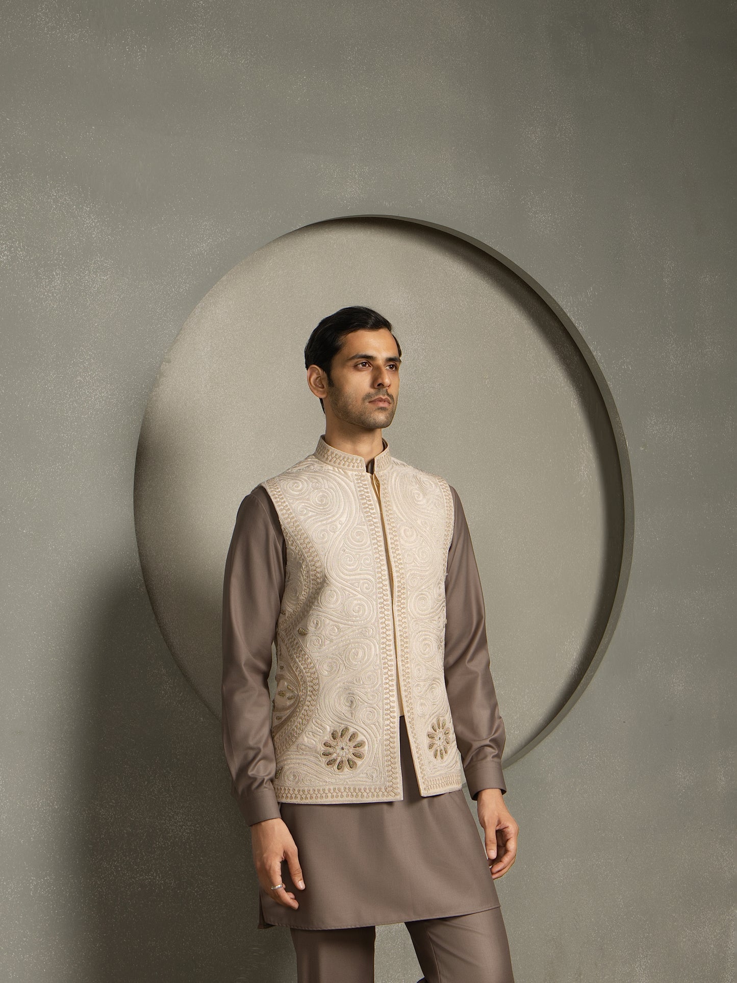DORI BEIGE EMBROIDERY NEHRU JACKET SET