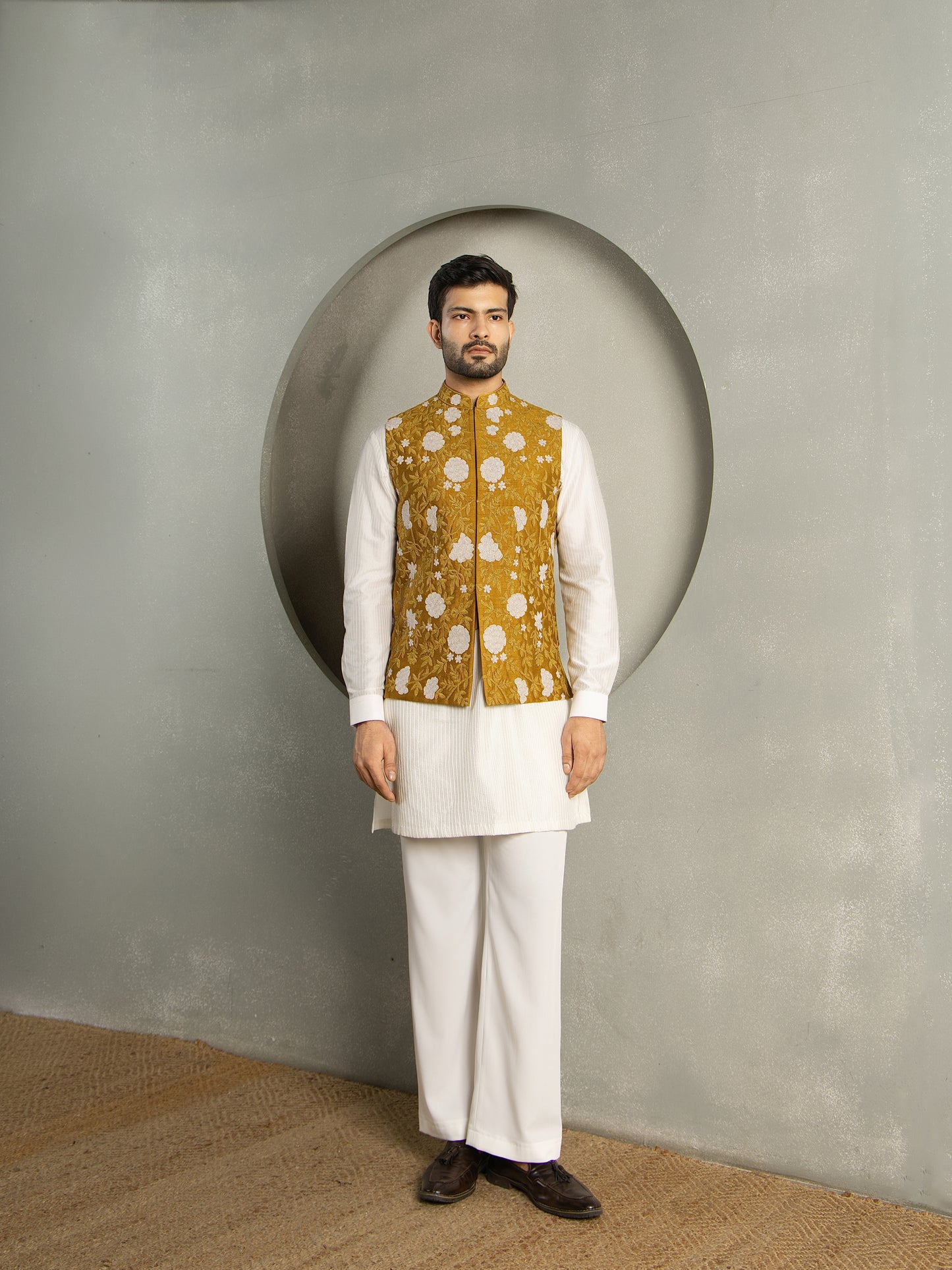 MUSTARD DORI  HAND EMBROIDERY NEHRU JACKET SET