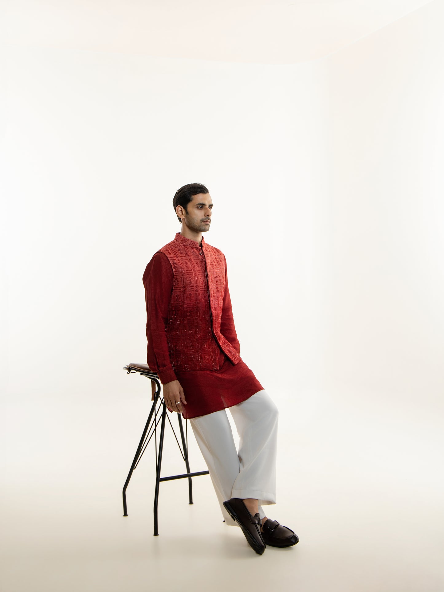 DARK RED OMBRE EMBROIDERY NEHRU JACKET SET