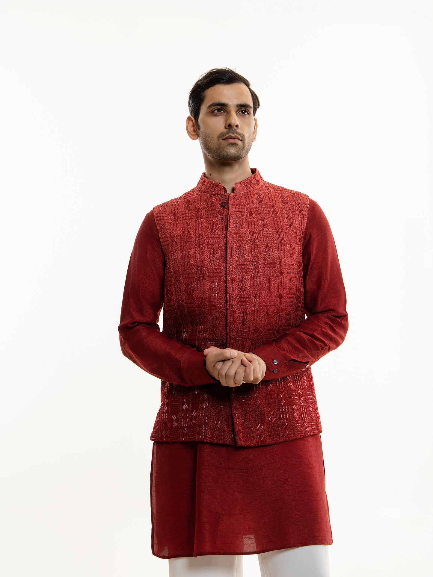 DARK RED OMBRE EMBROIDERY NEHRU JACKET SET
