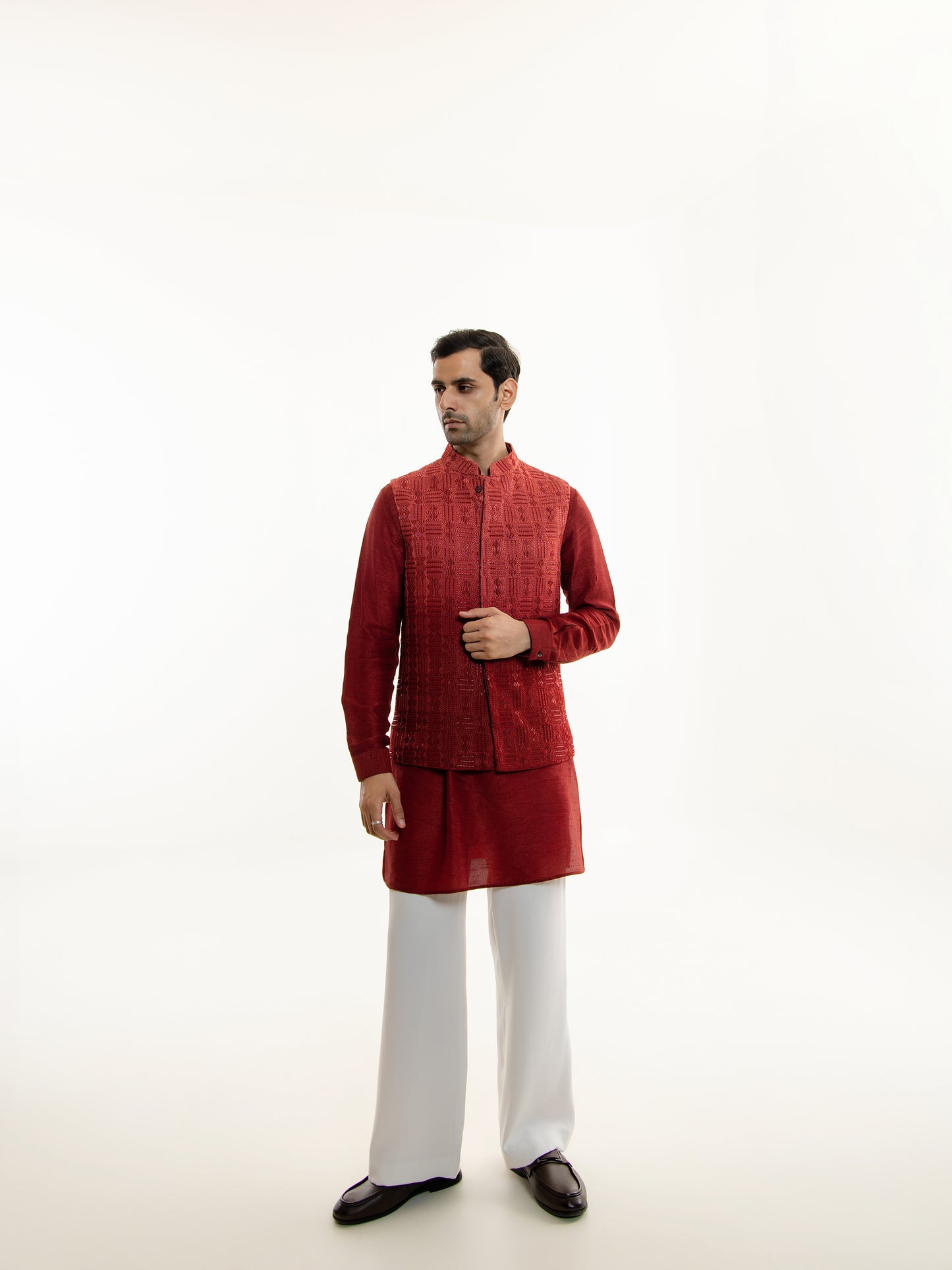 DARK RED OMBRE EMBROIDERY NEHRU JACKET SET