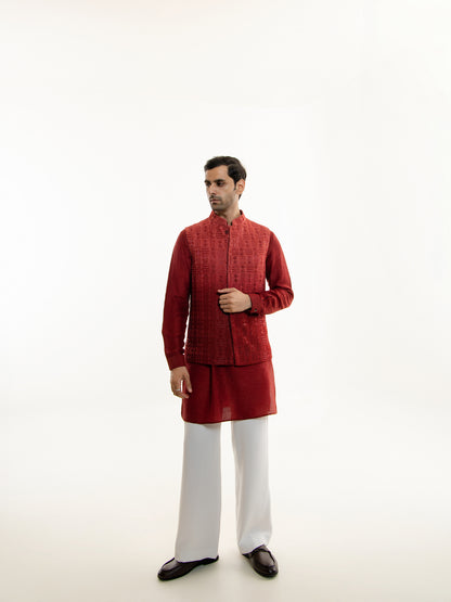 DARK RED OMBRE EMBROIDERY NEHRU JACKET SET