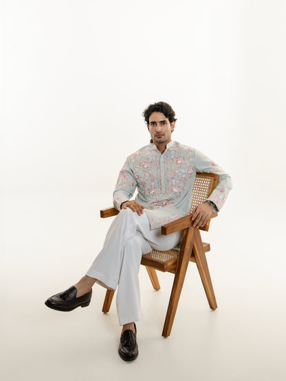 FLORAL SILK HAND EMBROIDERY KURTA PANT SET