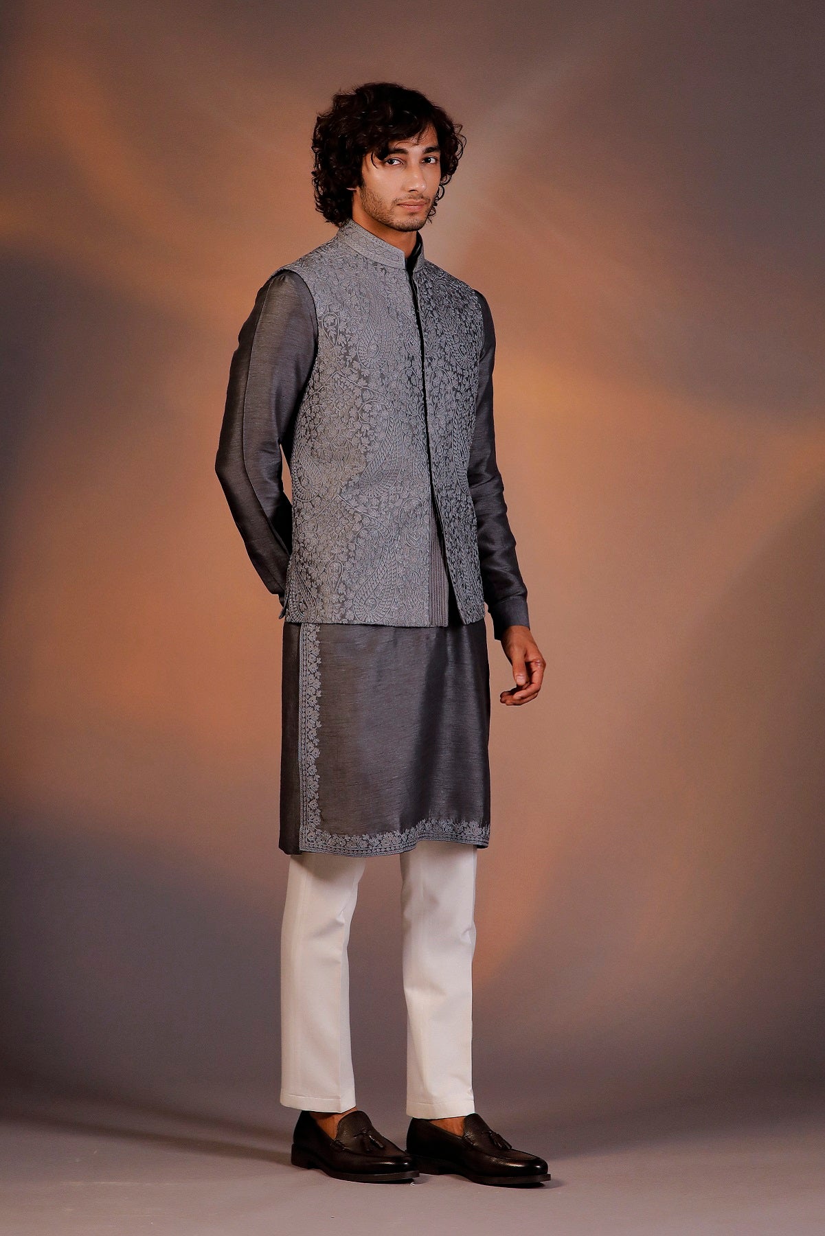 GREY NEHRU JACKET KURTA SET