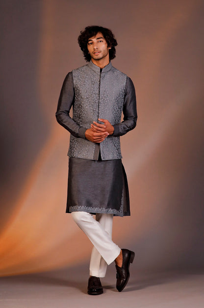GREY NEHRU JACKET KURTA SET