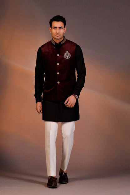 MAROON NEHRU JACKET BLACK KURTA SET